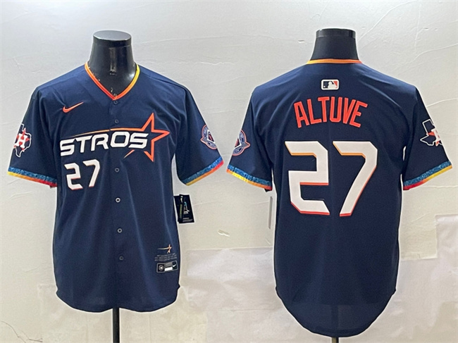 Men's Navy Houston Astros #27 Jose Altuve 2025 City Connect With Texas Patch Limited Stitched Baseball Jersey